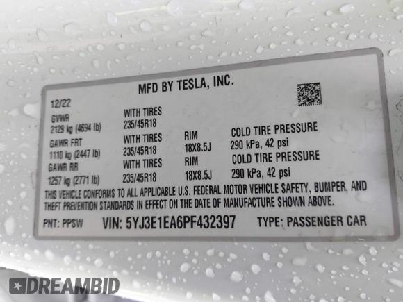 2023 Tesla Model 3 with VIN 5YJ3E1EA6PF432397, listed as a IAAI auction lot 41760895 with 15,692 mi miles and . Bid and sale history available at DreamBid. Image 9.
