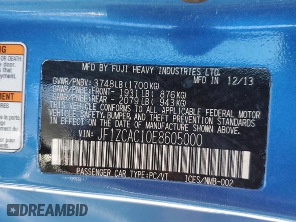 2014 Subaru BRZ Limited with VIN JF1ZCAC10E8605000, listed as a Copart auction lot 68492694 with 119,314 mi miles and Salvage title. Bid and sale history available at DreamBid. Image 14.