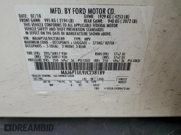 2018 Ford EcoSport SE with VIN MAJ6P1UL9JC238189, listed as a Copart auction lot 49892735 with 73,143 mi miles and Salvage Title. Bid and sale history available at carsss.com. Image 12.