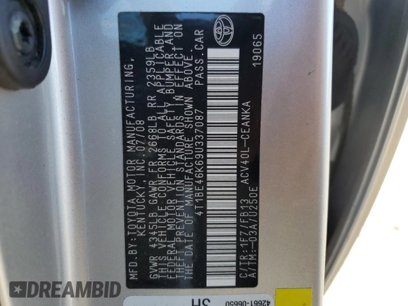 2009 Toyota Camry with VIN 4T1BE46K69U337087, listed as a Copart auction lot 47702225 with 109,929 mi miles and Salvage Title. Bid and sale history available at DreamBid. Image 14.