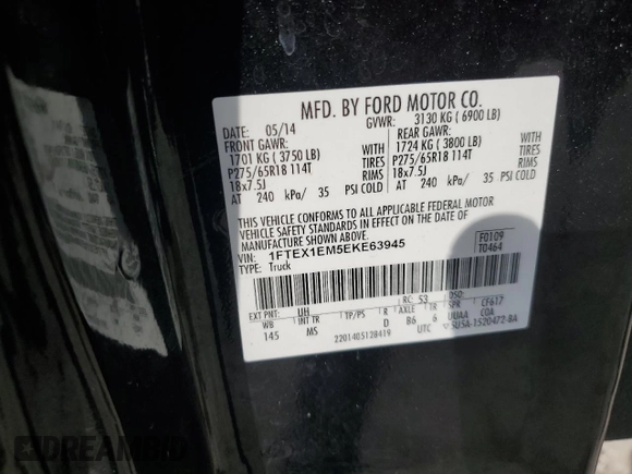 2014 Ford F-150 XL z VIN 1FTEX1EM5EKE63945, wystawiony jako Copart lot #58449135 z przebiegiem 132 762 mil mil oraz Szkoda całkowita • Salvage title. Historia ofert i sprzedaży dostępna na DreamBid. Obrazek 12.