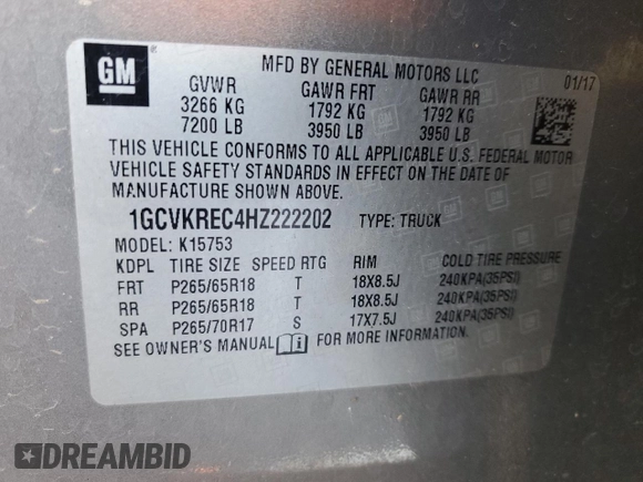 2017 Chevrolet Silverado 1500 LT with VIN 1GCVKREC4HZ222202, listed as a Copart auction lot 48537465 with 106,792 mi miles and Salvage Title. Bid and sale history available at DreamBid. Image 14.