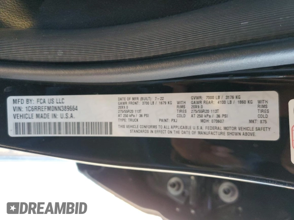 2022 Ram 1500 Lone Star with VIN 1C6RREFM0NN389664, listed as a Copart auction lot 86564484 with 26,314 mi miles and Salvage title. Bid and sale history available at DreamBid. Image 13.