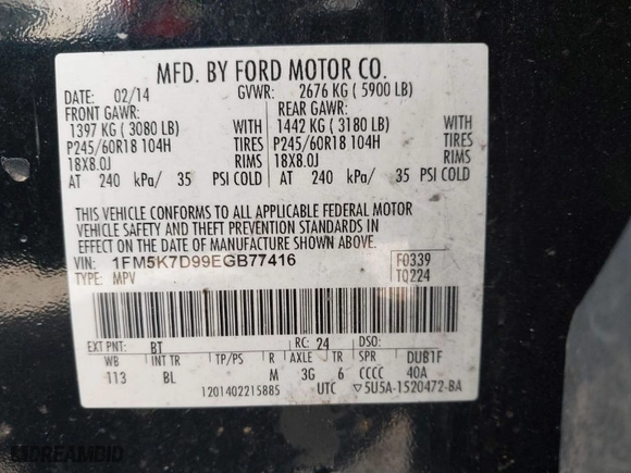 2014 Ford Explorer XLT with VIN 1FM5K7D99EGB77416, listed as a IAAI auction lot 41667347 with 148,242 mi miles. Bid and sale history available at carsss.com. Image 9.