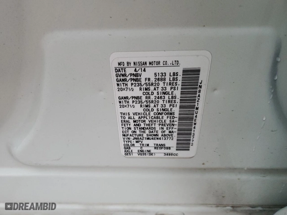 2014 Nissan Murano SV with VIN JN8AZ1MU4EW413772, listed as a Copart auction lot 43828715 with 143,286 mi miles and Salvage Title. Bid and sale history available at carsss.com. Image 14.