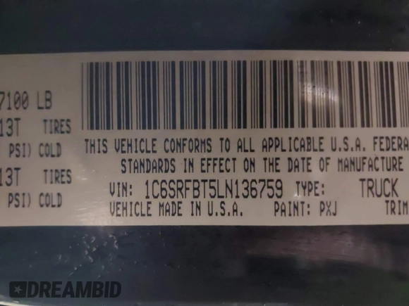 2020 Ram 1500 Big Horn with VIN 1C6SRFBT5LN136759, listed as a IAAI auction lot 41556316 with 106,029 mi miles. Bid and sale history available at carsss.com. Image 9.