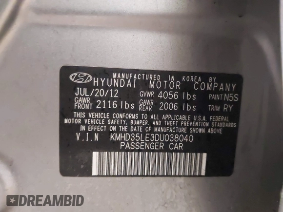 2013 Hyundai Elantra with VIN KMHD35LE3DU038040, listed as a IAAI auction lot 42409500 with 166,641 mi miles and . Bid and sale history available at DreamBid. Image 9.