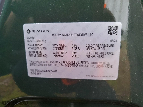 2023 Rivian R1S Adventure with VIN 7PDSGABA4PN014067, listed as a Copart auction lot 77630794 with 0 mi miles and Salvage Title. Bid and sale history available at carsss.com. Image 16.