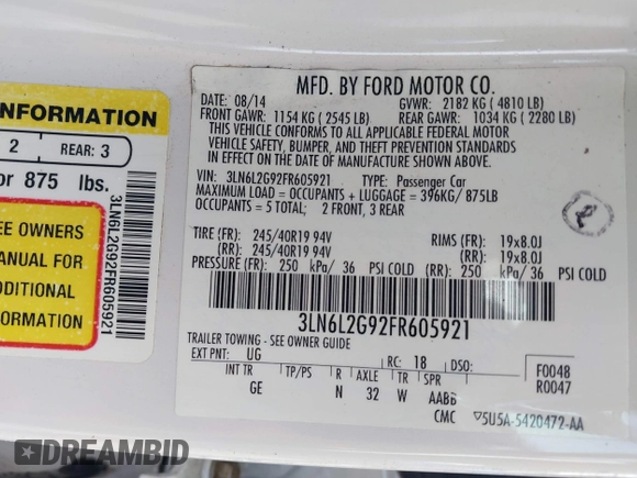2015 Lincoln MKZ с VIN 3LN6L2G92FR605921, выставлен на аукционе IAAI как лот 42470145 с пробегом 174 569 миль миль и . История ставок и продаж доступна на DreamBid. Изображение 9.