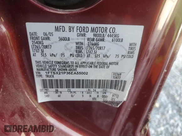 2006 Ford F-250 XL с VIN 1FTSX21P36EA55002, выставлен на аукционе Copart как лот 60961575 с пробегом 158 210 миль миль и Списание • Salvage title. История ставок и продаж доступна на DreamBid. Изображение 13.