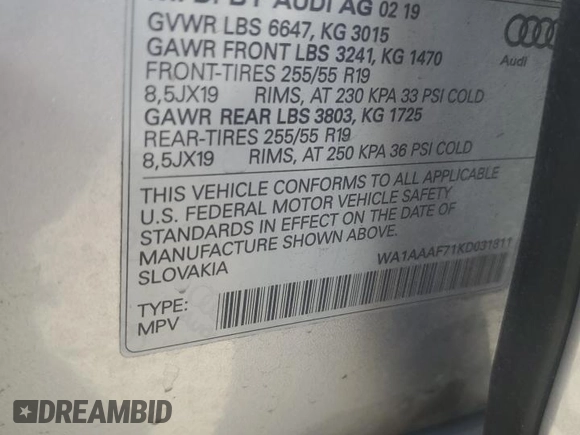 2019 Audi Q7 Premium с VIN WA1AAAF71KD031811, выставлен на аукционе Copart как лот 62885825 с пробегом 55 718 миль миль и Списание • Salvage title. История ставок и продаж доступна на DreamBid. Изображение 14.