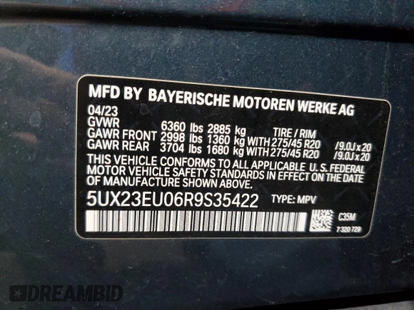 2024 BMW X5 xDrive40i with VIN 5UX23EU06R9S35422, listed as a Copart auction lot 58145345 with 537 mi miles and Salvage title. Bid and sale history available at DreamBid. Image 13.