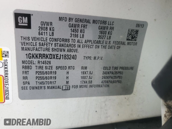 2014 GMC Acadia SLT z VIN 1GKKRRKDXEJ183240, wystawiony jako Copart lot #54329195 z przebiegiem 192 486 mil mil oraz Szkody całkowita. Historia ofert i sprzedaży dostępna na DreamBid. Obrazek 13.