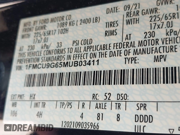 2021 Ford Escape SE with VIN 1FMCU9G65MUB03411, listed as a IAAI auction lot 42423432 with 121,755 mi miles and . Bid and sale history available at DreamBid. Image 9.