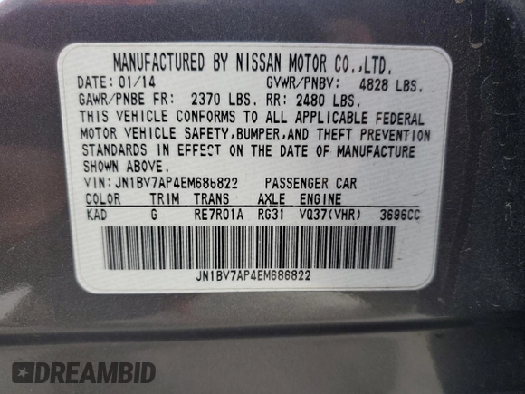 2014 Infiniti Q50 with VIN JN1BV7AP4EM686822, listed as a Copart auction lot 56568735 with 96,133 mi miles and Salvage title. Bid and sale history available at DreamBid. Image 12.