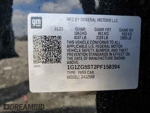 2023 Chevrolet Malibu RS with VIN 1G1ZG5ST2PF158394, listed as a Copart auction lot 50520305 with 14,619 mi miles and Salvage Title. Bid and sale history available at DreamBid. Image 12.