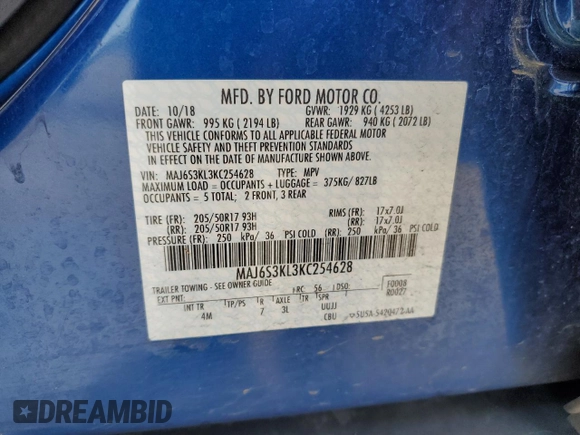 2019 Ford EcoSport Titanium with VIN MAJ6S3KL3KC254628, listed as a Copart auction lot 52992875 with 41,057 mi miles and Salvage Title. Bid and sale history available at DreamBid. Image 14.