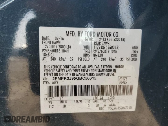 2016 Ford Edge SEL z VIN 2FMPK3J95GBC56615, wystawiony jako Copart lot #56049055 z przebiegiem 104 355 mil mil oraz Szkoda całkowita • Salvage title. Historia ofert i sprzedaży dostępna na DreamBid. Obrazek 12.