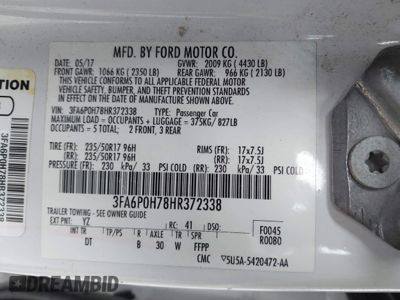 2017 Ford Fusion SE with VIN 3FA6P0H78HR372338, listed as a IAAI auction lot 41919442 with 78,979 mi miles. Bid and sale history available at carsss.com. Image 9.