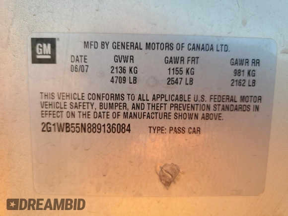 2008 Chevrolet Impala with VIN 2G1WB55N889136084, listed as a Copart auction lot 87488604 with 166,836 mi miles and Clean Title. Bid and sale history available at DreamBid. Image 12.