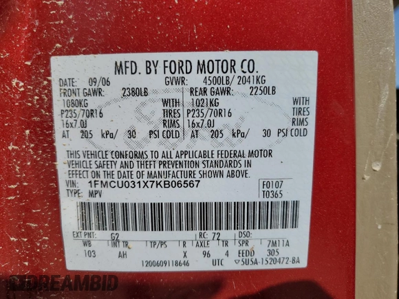 2007 Ford Escape XLT with VIN 1FMCU031X7KB06567, listed as a Copart auction lot 61941534 with 0 mi miles and Salvage Title. Bid and sale history available at carsss.com. Image 14.