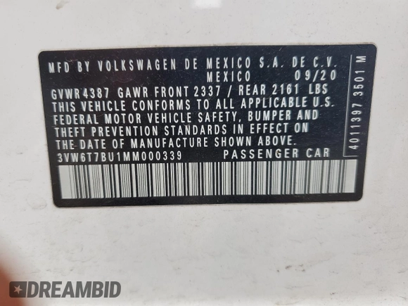 2021 Volkswagen Jetta S with VIN 3VW6T7BU1MM000339, listed as a Copart auction lot 52923405 with 49,455 mi miles and Salvage title. Bid and sale history available at DreamBid. Image 12.