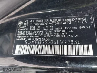 2006 BMW X5 4.4i with VIN 5UXFB53506LV22836, listed as a IAAI auction lot 41727708 with 186,084 mi miles. Bid and sale history available at carsss.com. Image 9.