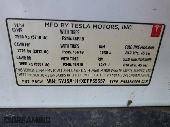 2014 Tesla Model S 60 z VIN 5YJSA1H1XEFP55657, wystawiony jako Copart lot #53405785 z przebiegiem Nie podano mil oraz Czysty tytuł • Clean title. Historia ofert i sprzedaży dostępna na DreamBid. Obrazek 12.