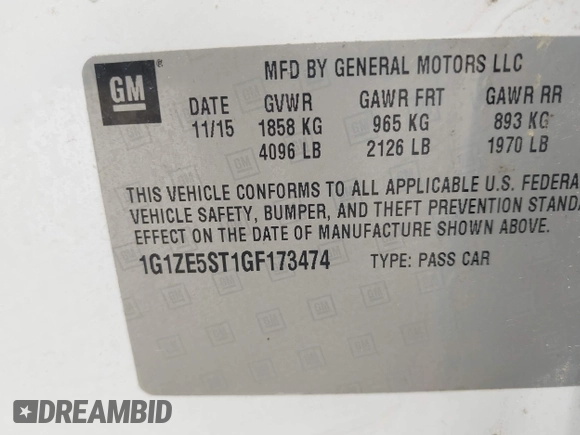 2016 Chevrolet Malibu LT with VIN 1G1ZE5ST1GF173474, listed as a IAAI auction lot 42041762 with 136,740 mi miles and . Bid and sale history available at DreamBid. Image 9.