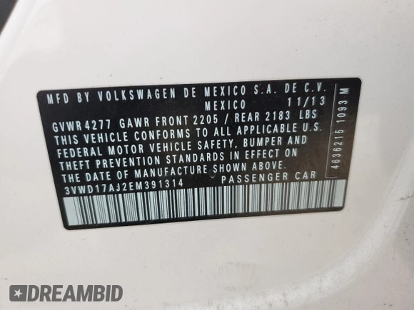 2014 Volkswagen Jetta SE with VIN 3VWD17AJ2EM391314, listed as a Copart auction lot 57357575 with 131,968 mi miles and Salvage title. Bid and sale history available at DreamBid. Image 13.