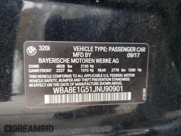 2018 BMW 3 Series 320i with VIN WBA8E1G51JNU90901, listed as a Copart auction lot 84017694 with Not Provided miles and Salvage Title. Bid and sale history available at carsss.com. Image 14.