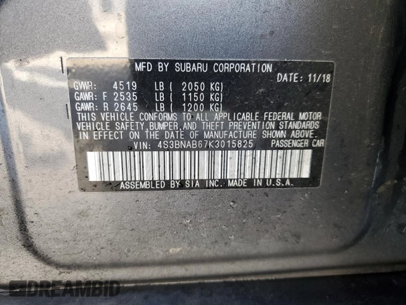 2019 Subaru Legacy with VIN 4S3BNAB67K3015825, listed as a Copart auction lot 83109724 with 80,335 mi miles and Salvage Title. Bid and sale history available at carsss.com. Image 13.