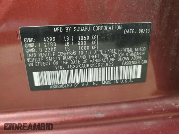 2019 Subaru Impreza Limited z VIN 4S3GKAU6XK3622829, wystawiony jako Copart lot #72333874 z przebiegiem 36 209 mil mil oraz Szkoda całkowita • Salvage title. Historia ofert i sprzedaży dostępna na DreamBid. Obrazek 14.