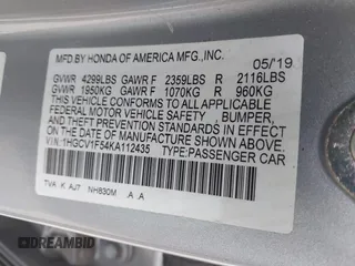 2019 Honda Accord EX-L z VIN 1HGCV1F54KA112435, wystawiony jako IAAI lot #42285906 z przebiegiem 110 115 mil mil oraz . Historia ofert i sprzedaży dostępna na DreamBid. Obrazek 9.