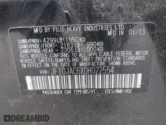 2013 Subaru Impreza Premium z VIN JF1GJAC6XDH022554, wystawiony jako IAAI lot #42448706 z przebiegiem 130 560 mil mil oraz . Historia ofert i sprzedaży dostępna na DreamBid. Obrazek 9.