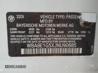 2018 BMW 3 Series 320i with VIN WBA8E1G5XJNU90685, listed as a Copart auction lot 50307935 with 84,613 mi miles and Salvage Title. Bid and sale history available at carsss.com. Image 12.