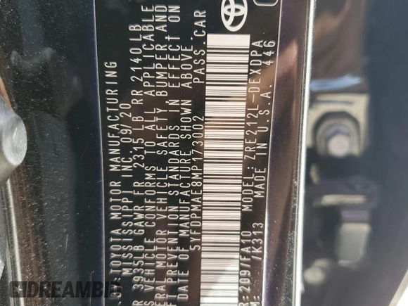 2021 Toyota Corolla L with VIN 5YFDPMAE8MP173002, listed as a Copart auction lot 52518125 with 132,609 mi miles and Salvage Title. Bid and sale history available at DreamBid. Image 14.