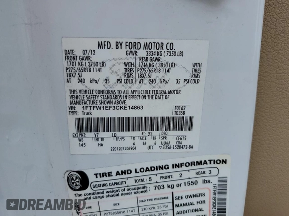 2012 Ford F-150 XL with VIN 1FTFW1EF3CKE14863, listed as a Copart auction lot 59115825 with 218,738 mi miles and Salvage title. Bid and sale history available at DreamBid. Image 12.