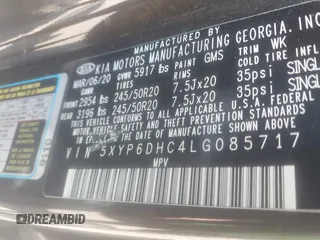2020 Kia Telluride S with VIN 5XYP6DHC4LG085717, listed as a IAAI auction lot 42436243 with 56,930 mi miles and . Bid and sale history available at DreamBid. Image 9.