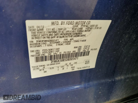 2013 Ford Flex SE z VIN 2FMGK5B85DBD05471, wystawiony jako Copart lot #56109575 z przebiegiem 161 792 mil mil oraz Szkoda całkowita • Salvage title. Historia ofert i sprzedaży dostępna na DreamBid. Obrazek 13.