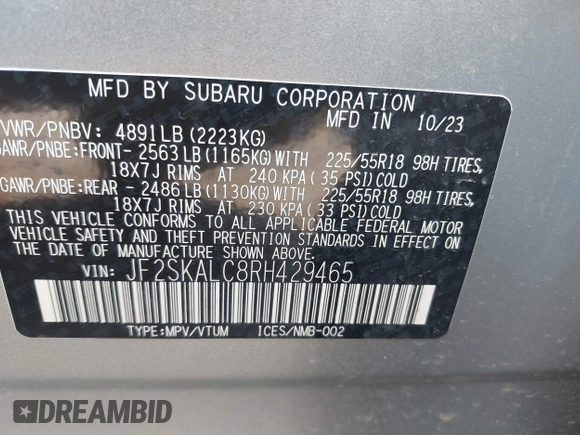 2024 Subaru Forester Limited с VIN JF2SKALC8RH429465, выставлен на аукционе IAAI как лот 41798596 с пробегом 11 822 миль миль и . История ставок и продаж доступна на DreamBid. Изображение 9.