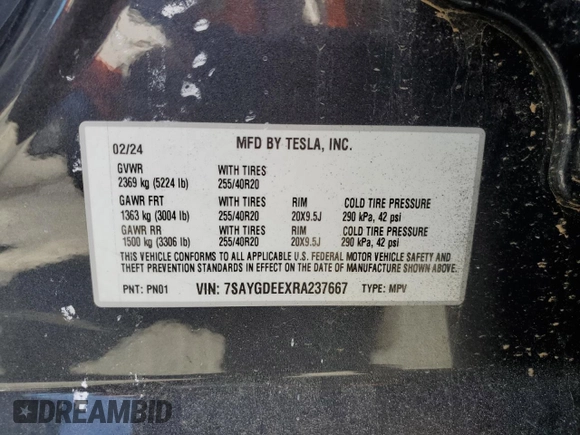 2024 Tesla Model Y Long Range with VIN 7SAYGDEEXRA237667, listed as a Copart auction lot 58260635 with Not provided miles and Salvage title. Bid and sale history available at DreamBid. Image 12.