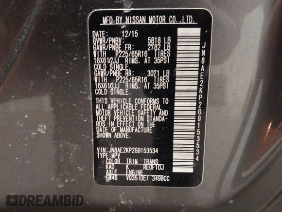 2016 Nissan Quest SV z VIN JN8AE2KP2G9153534, wystawiony jako IAAI lot #41551506 z przebiegiem 93 885 mil mil oraz . Historia ofert i sprzedaży dostępna na DreamBid. Obrazek 9.