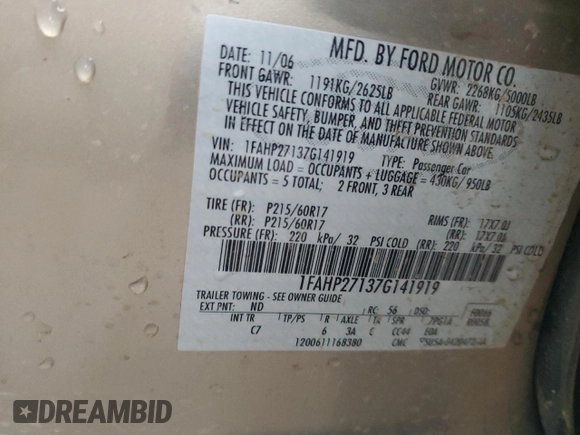 2007 Ford Five Hundred SEL z VIN 1FAHP27137G141919, wystawiony jako Copart lot #88551615 z przebiegiem 151 723 mil mil oraz Szkoda całkowita • Salvage title. Historia ofert i sprzedaży dostępna na DreamBid. Obrazek 13.