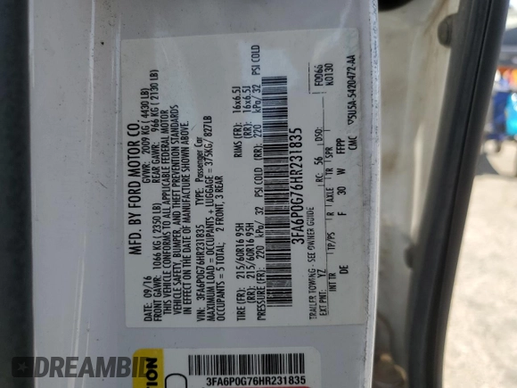 2017 Ford Fusion S with VIN 3FA6P0G76HR231835, listed as a Copart auction lot 52881905 with 105,109 mi miles and Salvage Title. Bid and sale history available at carsss.com. Image 12.