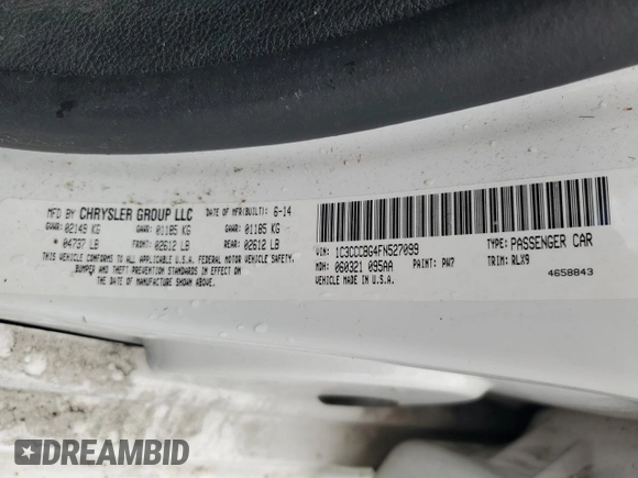 2015 Chrysler 200 S with VIN 1C3CCCBG4FN527099, listed as a Copart auction lot 55499465 with 87,403 mi miles and Salvage Title. Bid and sale history available at DreamBid. Image 12.