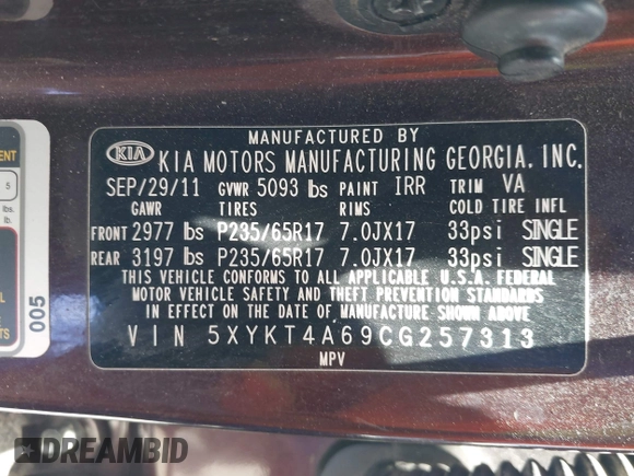 2012 Kia Sorento LX z VIN 5XYKT4A69CG257313, wystawiony jako IAAI lot #42444790 z przebiegiem 125 537 mil mil oraz . Historia ofert i sprzedaży dostępna na DreamBid. Obrazek 9.