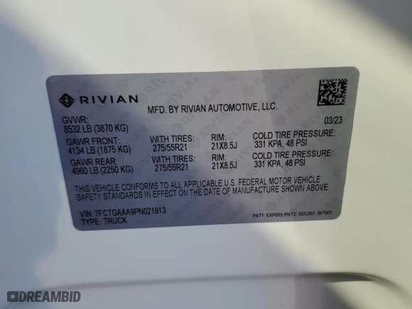 2023 Rivian R1T Adventure with VIN 7FCTGAAA9PN021913, listed as a Copart auction lot 46222995 with 41,888 mi miles and Salvage Title. Bid and sale history available at carsss.com. Image 13.