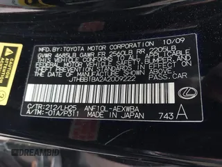 2010 Lexus HS with VIN JTHBB1BA2A2009222, listed as a IAAI auction lot 42030728 with 104,048 mi miles. Bid and sale history available at carsss.com. Image 9.