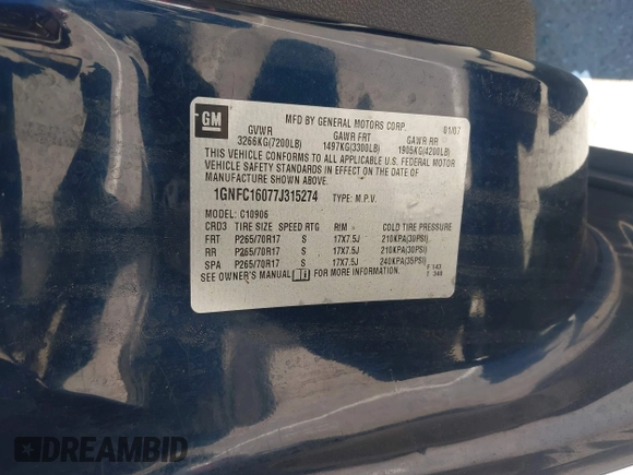2007 Chevrolet Suburban LS with VIN 1GNFC16077J315274, listed as a IAAI auction lot 42629624 with 217,224 mi miles and . Bid and sale history available at DreamBid. Image 9.